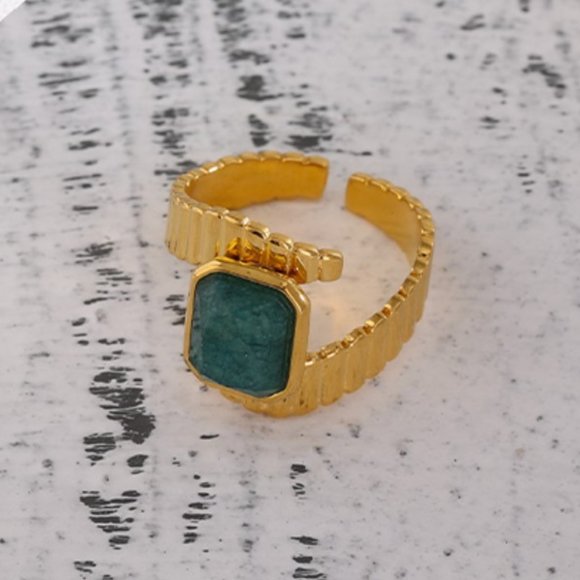 Stainless Steel Blue Apatite Ring Statement Metal Gold Opening Ring - Picture 3 of 11